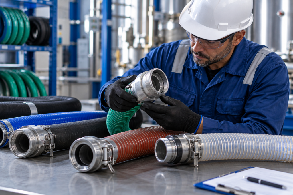 Saiba como escolher uma mangueira industrial considerando fluido, pressão, temperatura, diâmetro, aplicação e requisitos técnicos.